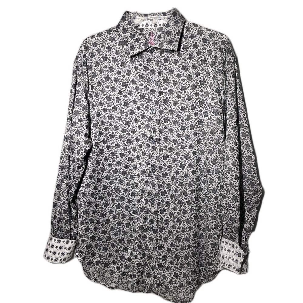 Robert Graham Mens Lg Multicolor Floral Poker Long Sleeve Point Collar Button-Up